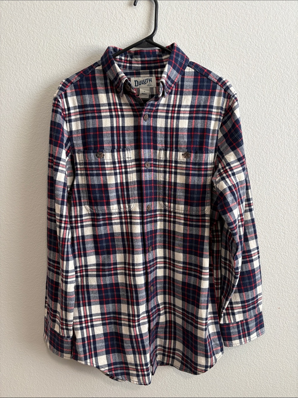 Duluth Trading Co Navy, White & Red Plaid Button-Up Shirt